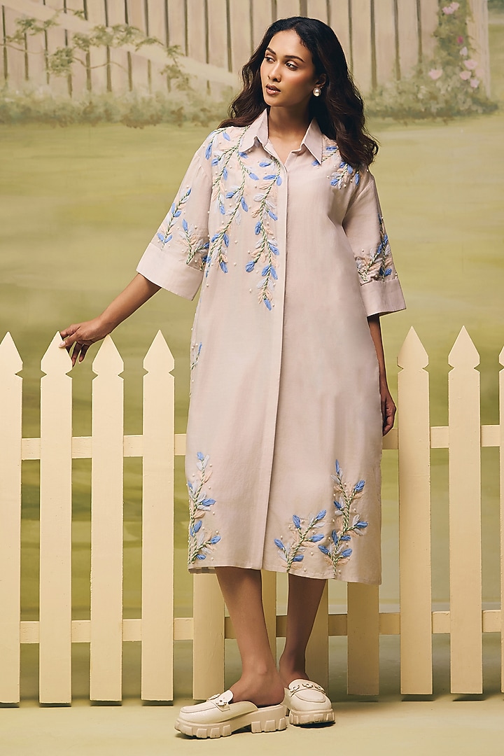 Powder Blue Crepe Thread Embroidered Vacation Shirt Dress by Couche at Pernia's Pop Up Shop