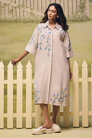Powder Blue Crepe Thread Embroidered Shirt Dress by Couche