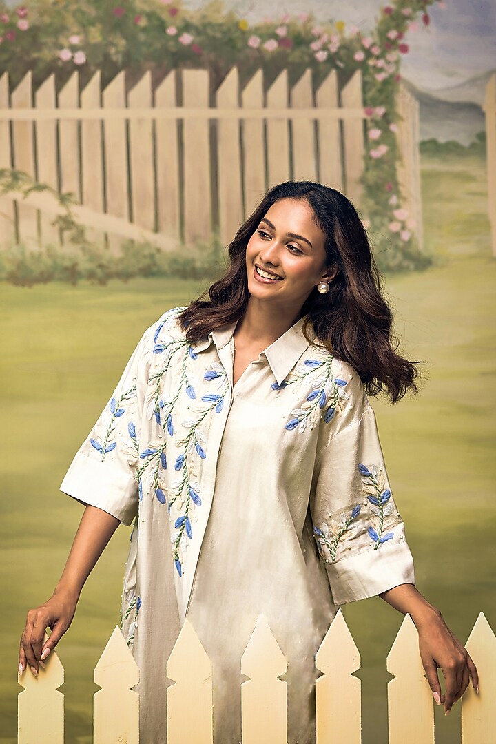 Powder Blue Crepe Thread Embroidered Vacation Shirt Dress by Couche at Pernia's Pop Up Shop