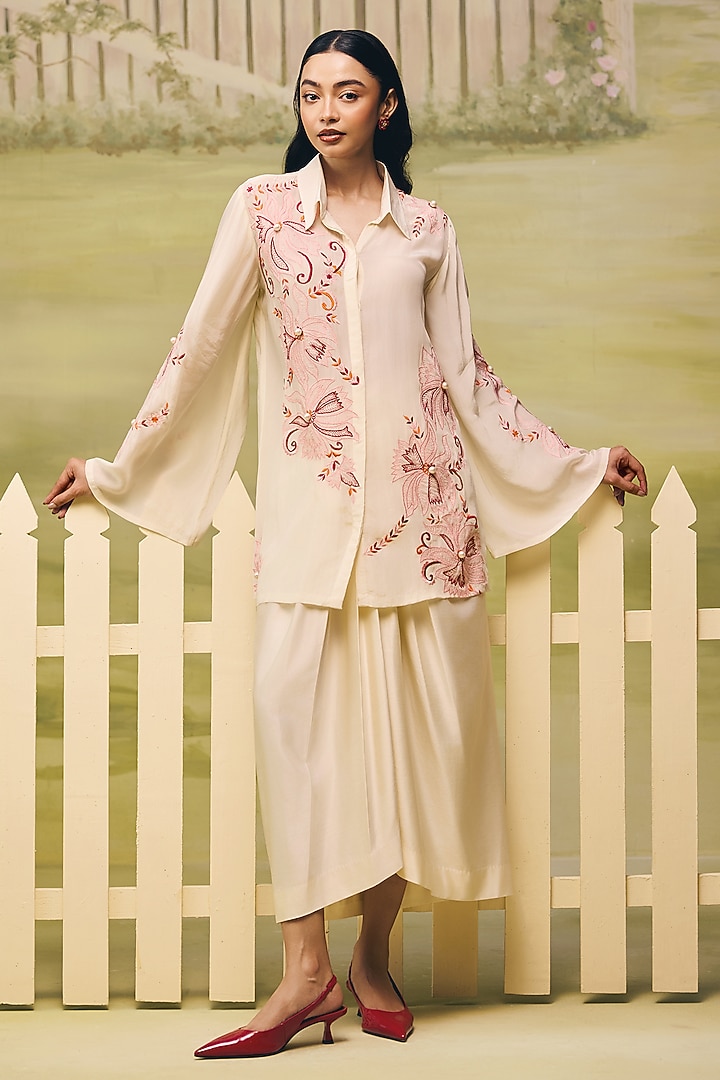 Cream Crepe Floral Embroidered Co-ord Set by Couche at Pernia's Pop Up Shop