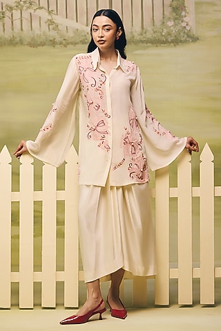 Cream Crepe Floral Embroidered Co-ord Set by Couche