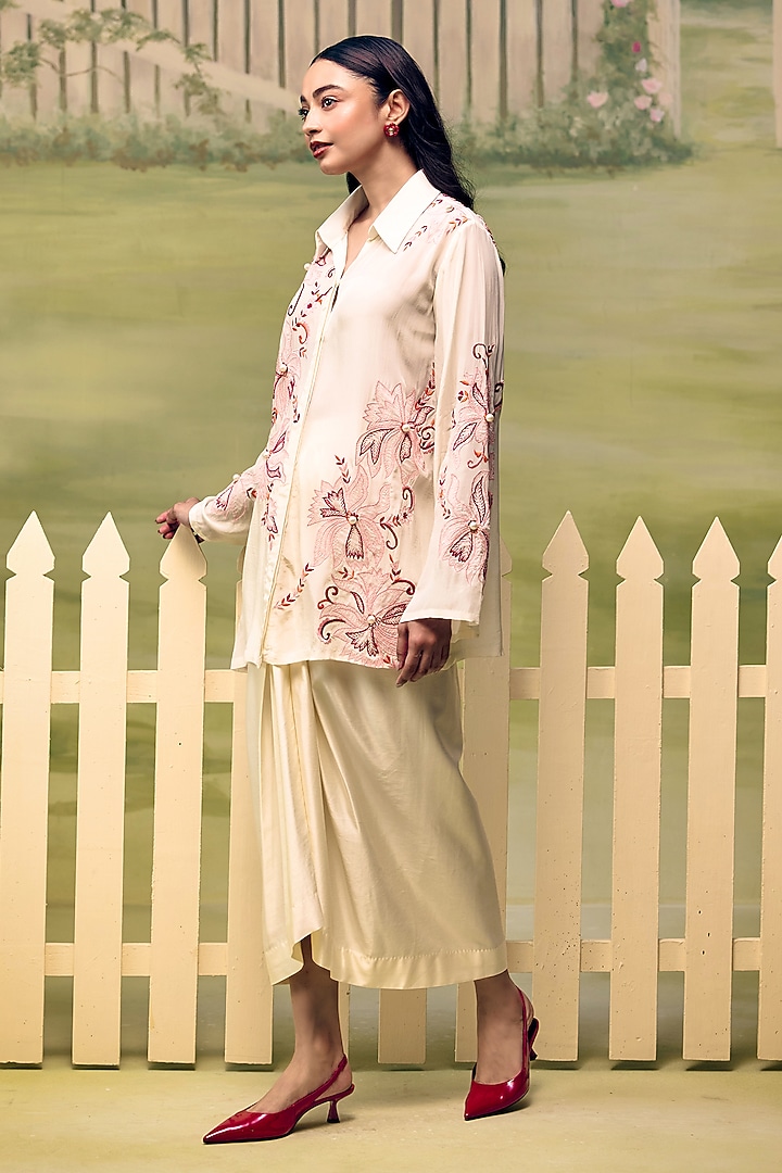 Cream Crepe Floral Embroidered Co-ord Set by Couche at Pernia's Pop Up Shop