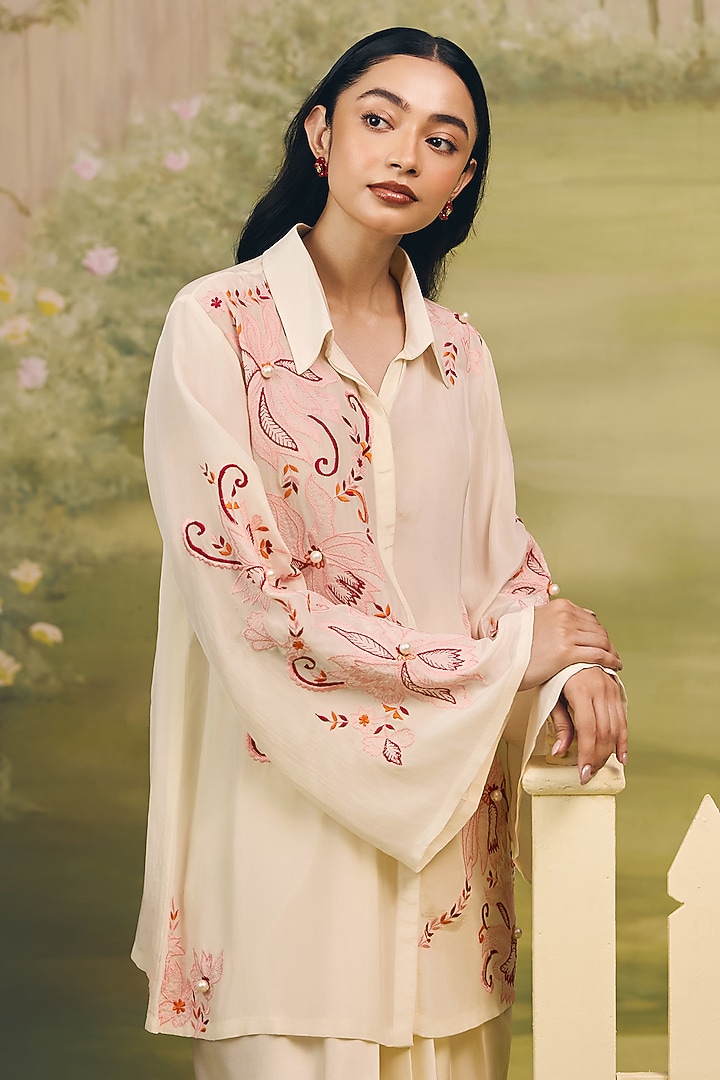 Cream Crepe Floral Embroidered Co-ord Set by Couche at Pernia's Pop Up Shop