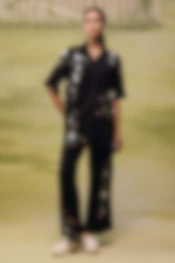 Black Floral Mushroom Satin Embroidered Co-ord Set by Couche at Pernia's Pop Up Shop