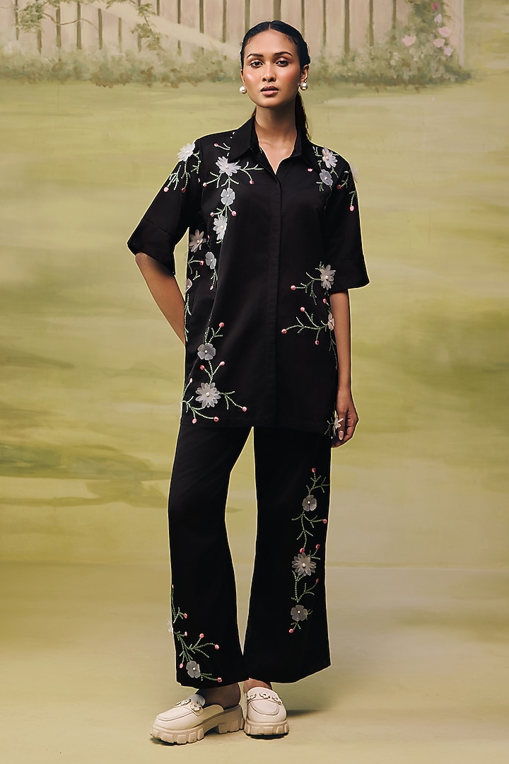 Black Floral Mushroom Satin Embroidered Co-ord Set by Couche at Pernia's Pop Up Shop