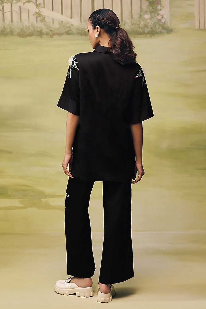 Black Floral Mushroom Satin Embroidered Co-ord Set by Couche at Pernia's Pop Up Shop