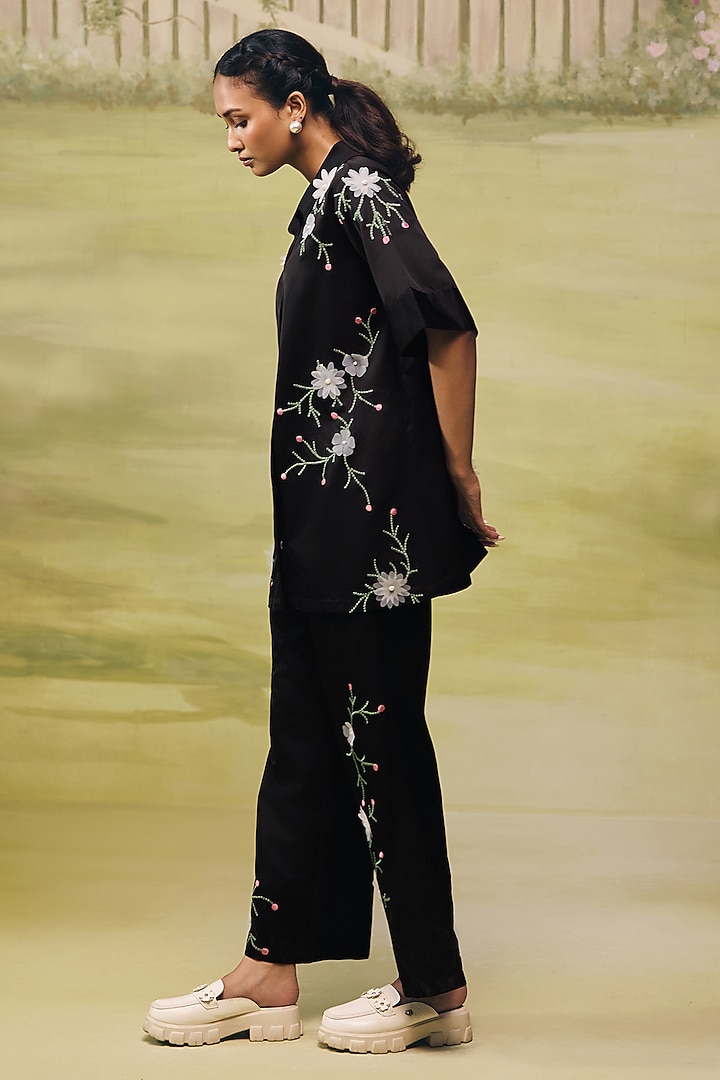 Black Floral Mushroom Satin Embroidered Co-ord Set by Couche at Pernia's Pop Up Shop