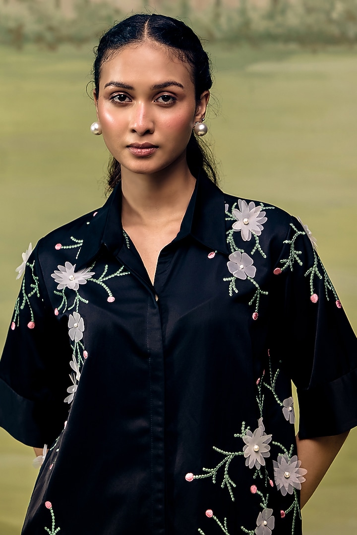 Black Floral Mushroom Satin Embroidered Co-ord Set by Couche at Pernia's Pop Up Shop