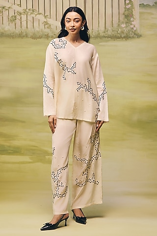 Cream Mulmul Chanderi Machine Embroidered Floral Printed Co-Ord Set by Couche