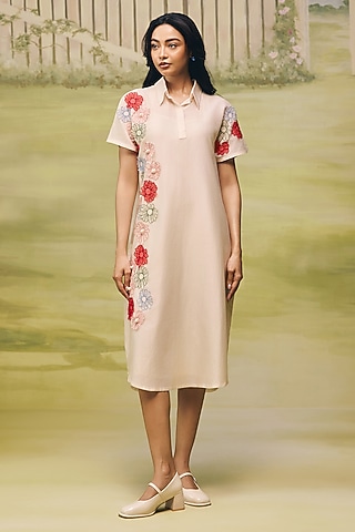 Nude Mul Chanderi Floral Applique Dress by Couche