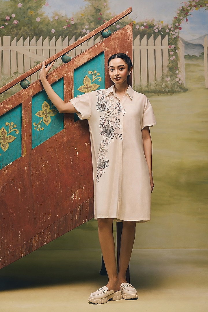 Cream Mul Chanderi Floral Embroidered Summer Shirt Dress by Couche at Pernia's Pop Up Shop