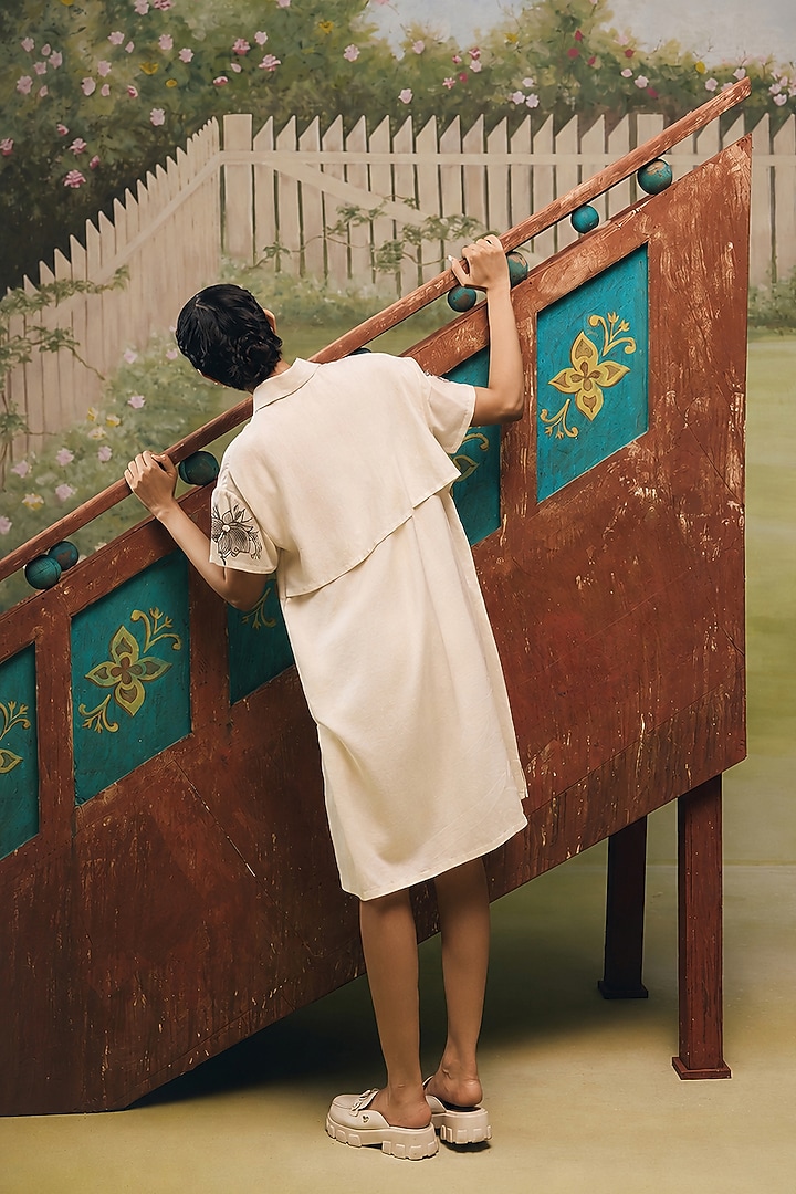 Cream Mul Chanderi Floral Embroidered Summer Shirt Dress by Couche at Pernia's Pop Up Shop