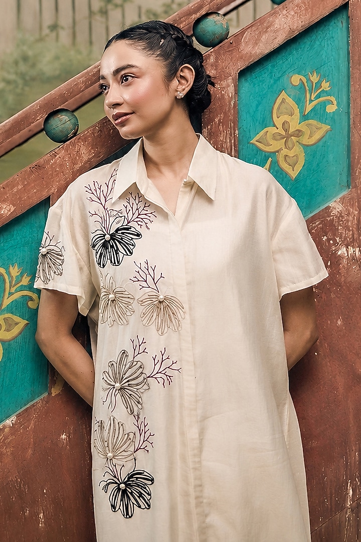 Cream Mul Chanderi Floral Embroidered Summer Shirt Dress by Couche at Pernia's Pop Up Shop