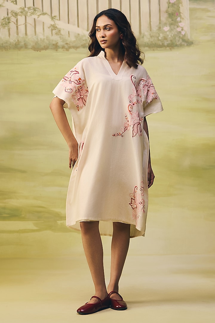 Cream Mul Chanderi Thread Embroidered Summer Dress by Couche at Pernia's Pop Up Shop