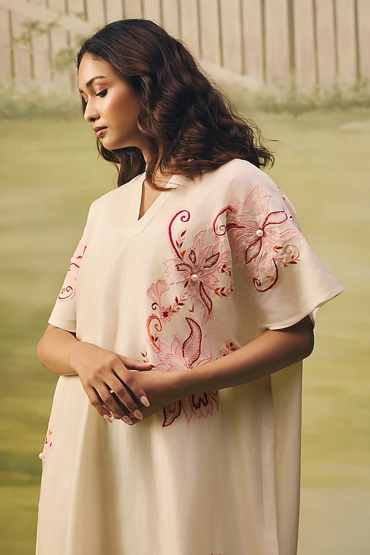 Cream Mul Chanderi Thread Embroidered Summer Dress by Couche at Pernia's Pop Up Shop