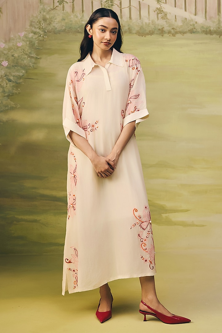 Cream Crepe Thread Embroidered Summer Dress by Couche at Pernia's Pop Up Shop