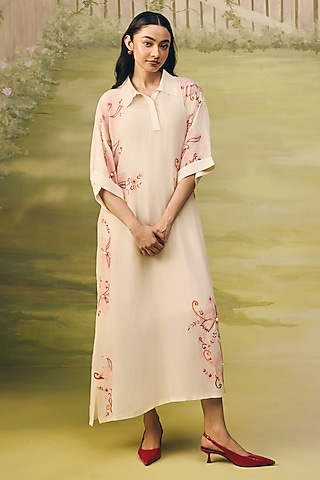 Cream Crepe Thread Embroidered Dress by Couche