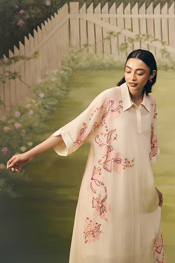 Cream Crepe Thread Embroidered Summer Dress by Couche at Pernia's Pop Up Shop