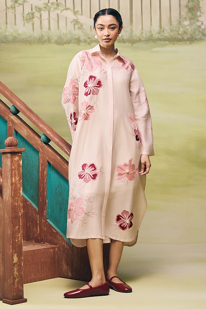 Blush Pink Crepe Thread Embroidered Vacation Shirt Dress by Couche at Pernia's Pop Up Shop