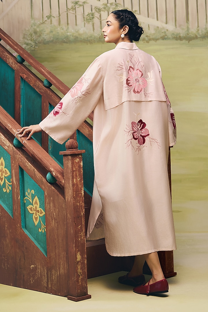 Blush Pink Crepe Thread Embroidered Vacation Shirt Dress by Couche at Pernia's Pop Up Shop