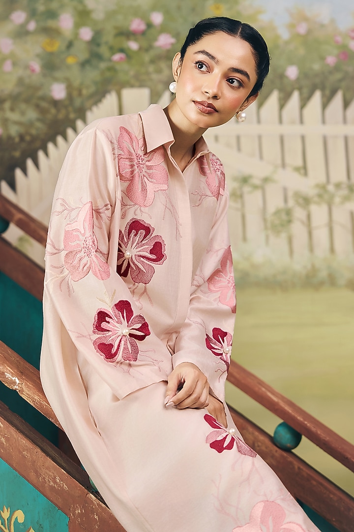 Blush Pink Crepe Thread Embroidered Vacation Shirt Dress by Couche at Pernia's Pop Up Shop