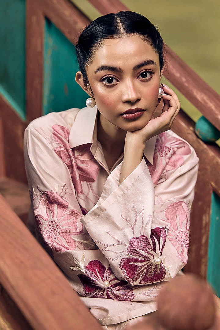 Blush Pink Crepe Thread Embroidered Vacation Shirt Dress by Couche at Pernia's Pop Up Shop