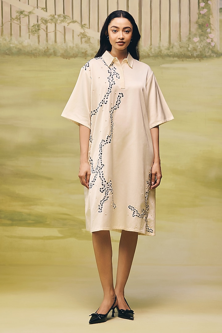 Cream Mushroom Satin Placement Embroidered Mini Summer Dress by Couche at Pernia's Pop Up Shop