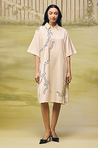 Cream Mushroom Satin Placement Embroidered Mini Dress by Couche