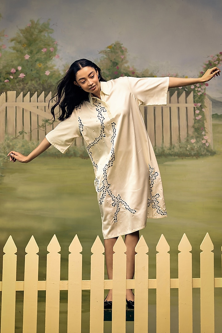 Cream Mushroom Satin Placement Embroidered Mini Summer Dress by Couche at Pernia's Pop Up Shop