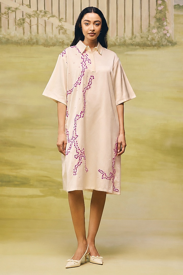 Cream Mushroom Satin Placement Embroidered Mini Summer Dress by Couche at Pernia's Pop Up Shop