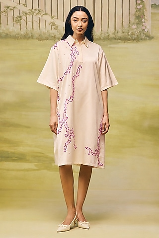 Cream Mushroom Satin Placement Embroidered Mini Dress by Couche