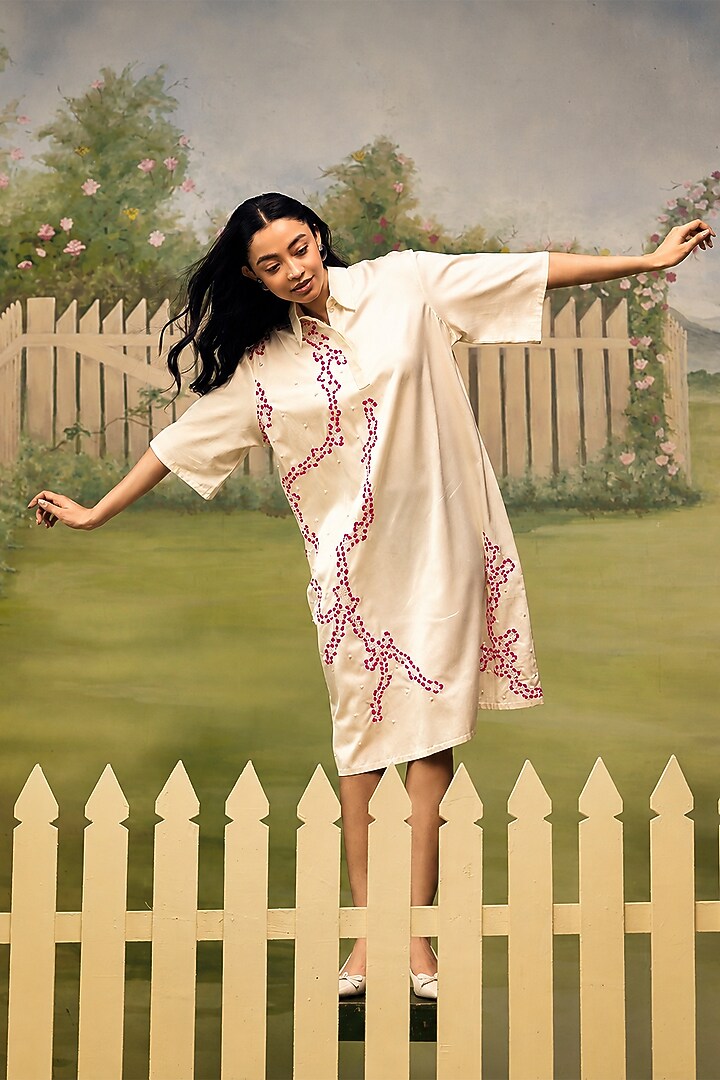 Cream Mushroom Satin Placement Embroidered Mini Summer Dress by Couche at Pernia's Pop Up Shop