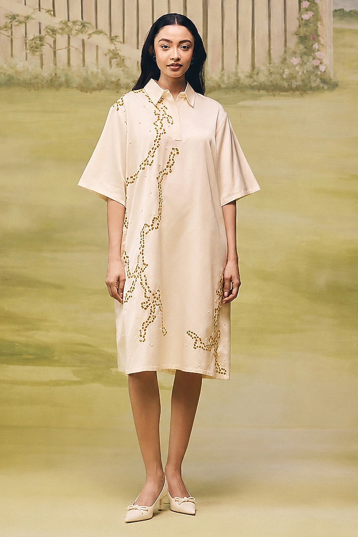 Cream Mushroom Satin Placement Embroidered Mini Summer Dress by Couche at Pernia's Pop Up Shop