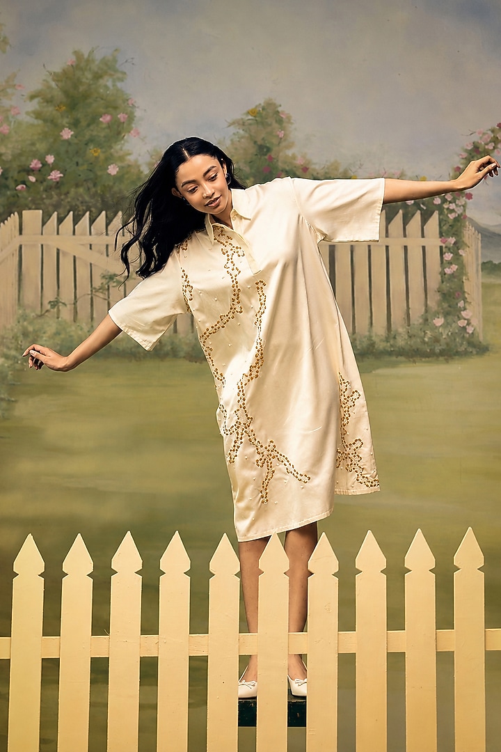 Cream Mushroom Satin Placement Embroidered Mini Summer Dress by Couche at Pernia's Pop Up Shop