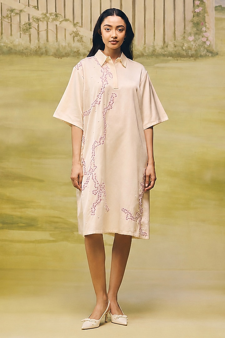 Cream Mushroom Satin Placement Embroidered Mini Summer Dress by Couche at Pernia's Pop Up Shop