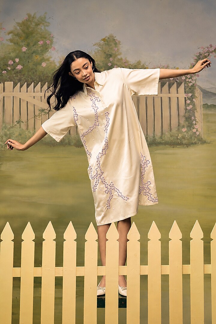 Cream Mushroom Satin Placement Embroidered Mini Summer Dress by Couche at Pernia's Pop Up Shop