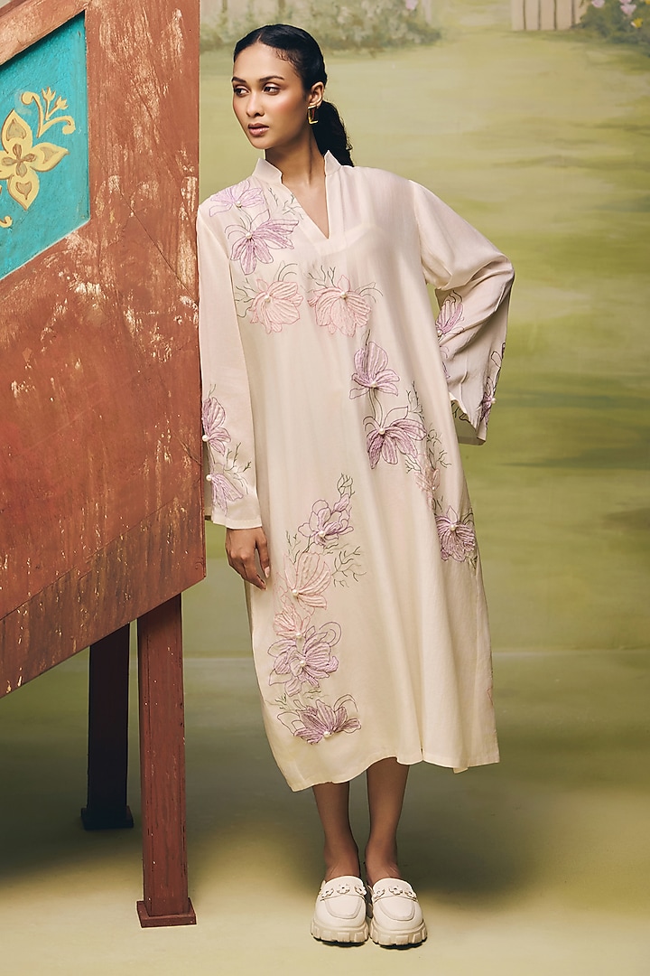 Cream Mul Chanderi Floral Embroidered Midi Summer Dress by Couche at Pernia's Pop Up Shop