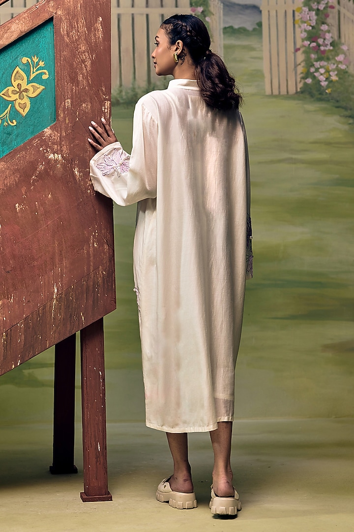 Cream Mul Chanderi Floral Embroidered Midi Summer Dress by Couche at Pernia's Pop Up Shop