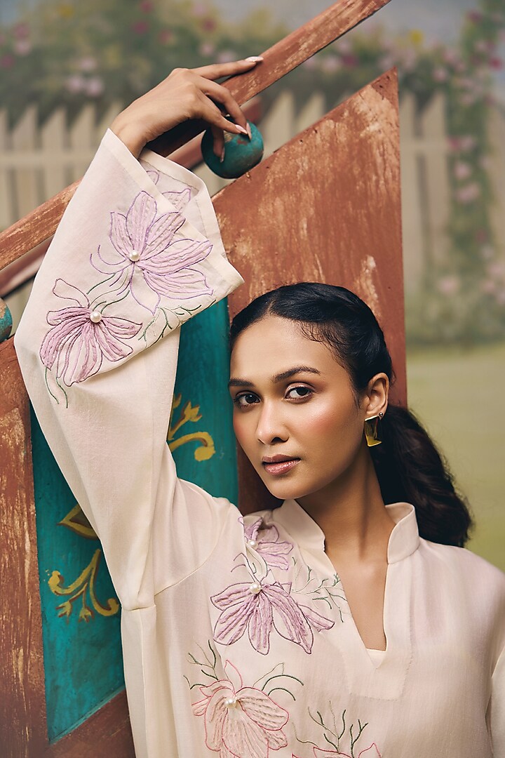 Cream Mul Chanderi Floral Embroidered Midi Summer Dress by Couche at Pernia's Pop Up Shop