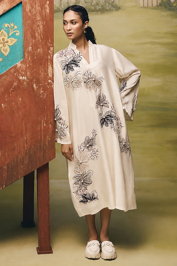 Cream Mul Chanderi Floral Embroidered Midi Summer Dress by Couche at Pernia's Pop Up Shop