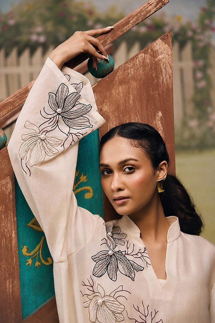 Cream Mul Chanderi Floral Embroidered Midi Summer Dress by Couche at Pernia's Pop Up Shop