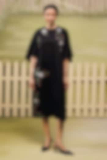 Black Mushroom Satin Thread Embroidered Shift Summer Dress by Couche at Pernia's Pop Up Shop