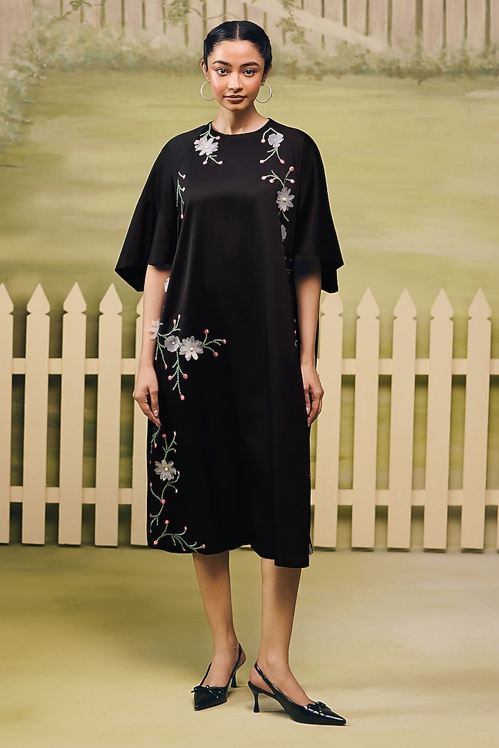 Black Mushroom Satin Thread Embroidered Shift Summer Dress by Couche at Pernia's Pop Up Shop