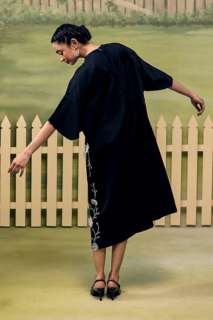Black Mushroom Satin Thread Embroidered Shift Summer Dress by Couche at Pernia's Pop Up Shop