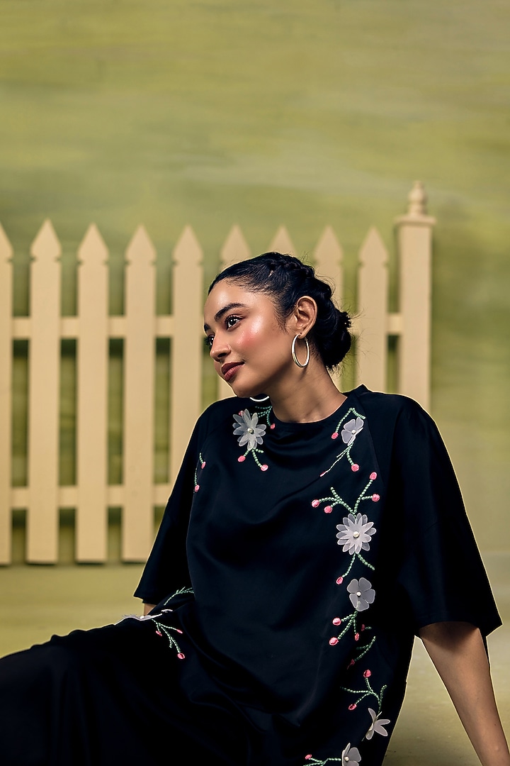 Black Mushroom Satin Thread Embroidered Shift Summer Dress by Couche at Pernia's Pop Up Shop
