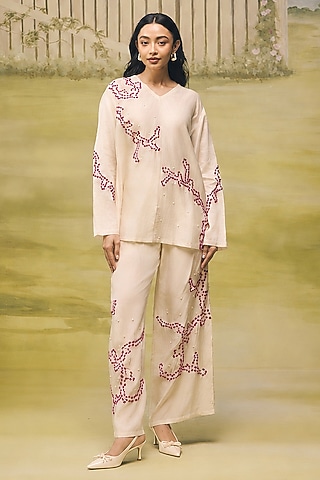 Cream Mulmul Chanderi Machine Embroidered Floral Printed Co-Ord Set by Couche