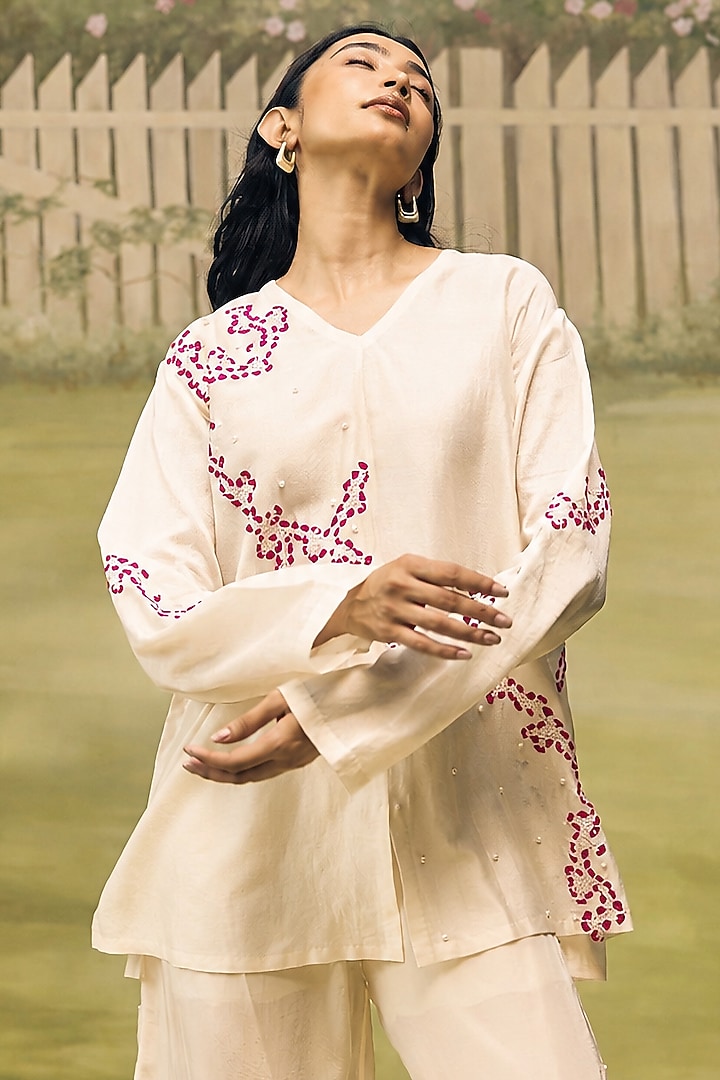 Cream Mulmul Chanderi Machine Embroidered Floral Printed Co-Ord Set by Couche at Pernia's Pop Up Shop