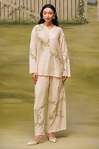 Cream Mulmul Chanderi Machine Embroidered Floral Printed Co-Ord Set by Couche