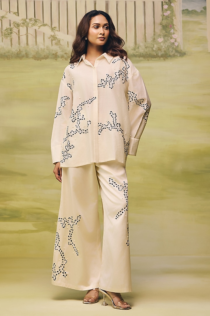 Cream Mulmul Chanderi Floral Embroidered Co-ord Set by Couche at Pernia's Pop Up Shop