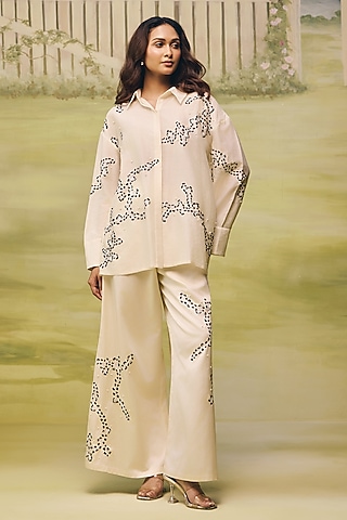 Cream Mulmul Chanderi Floral Embroidered Co-ord Set by Couche